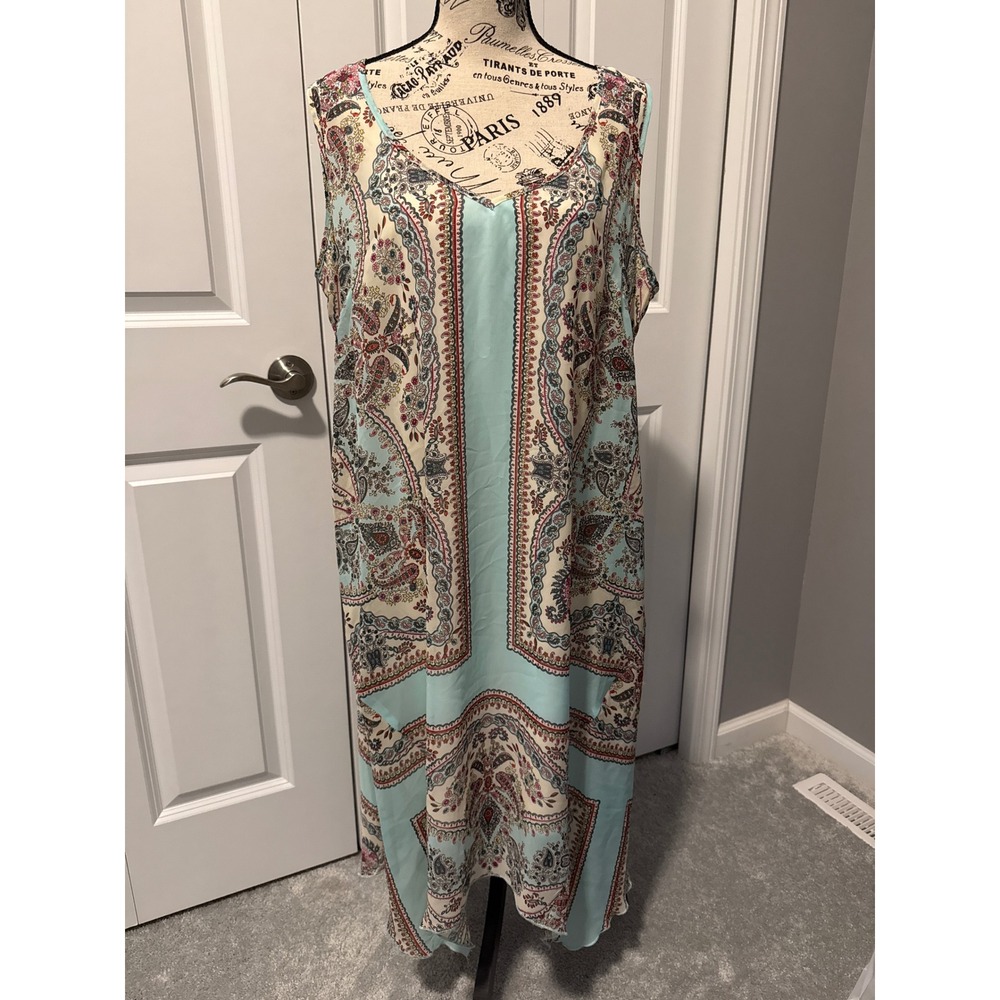 One World Paisley Scarf Print Handkerchief Hem Midi Dress Turquoise Lattice Back
